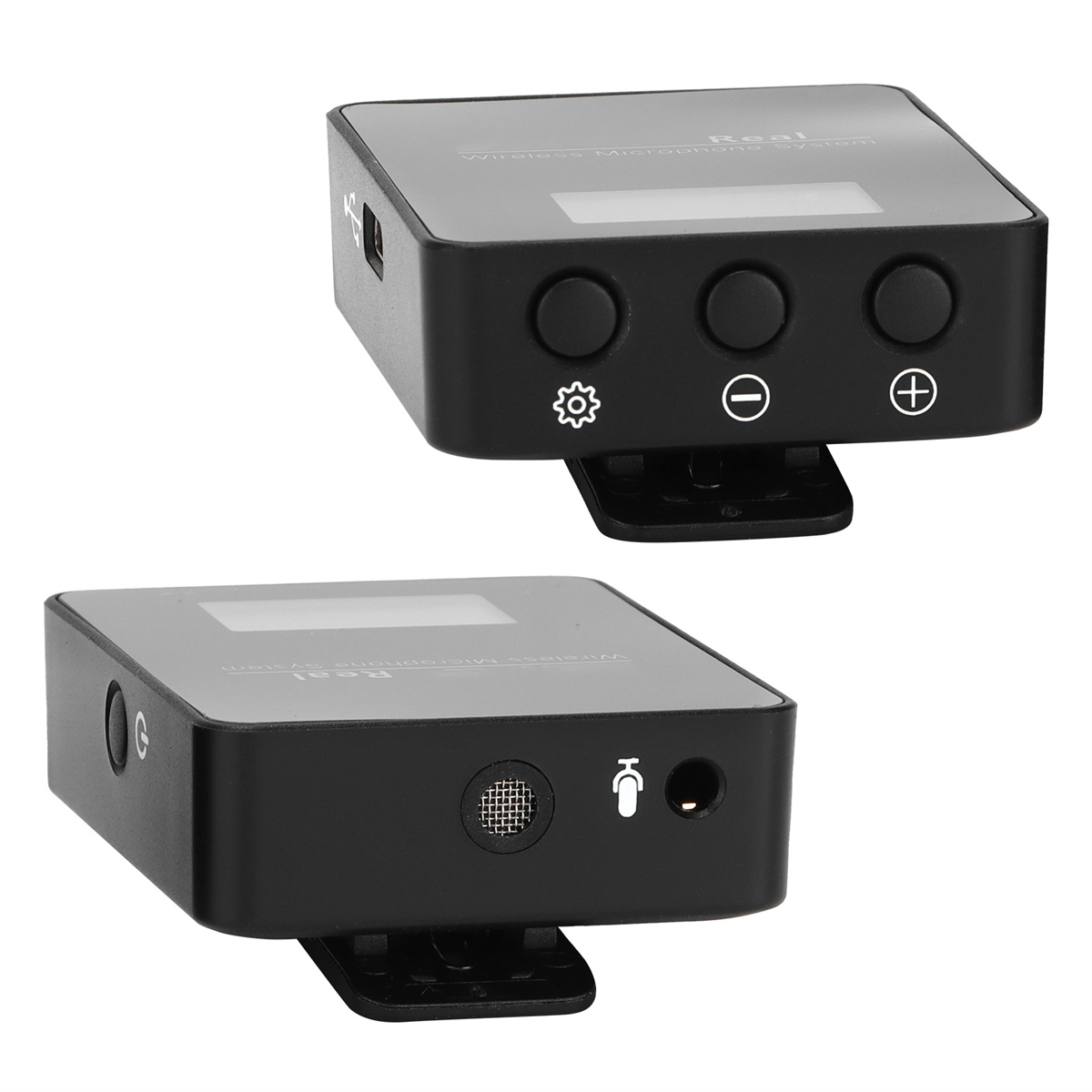 Zwei schwarze drahtlose Mikrofonsysteme. Eines zeigt Knöpfe, das andere Mikrofon und Audioeingang.
