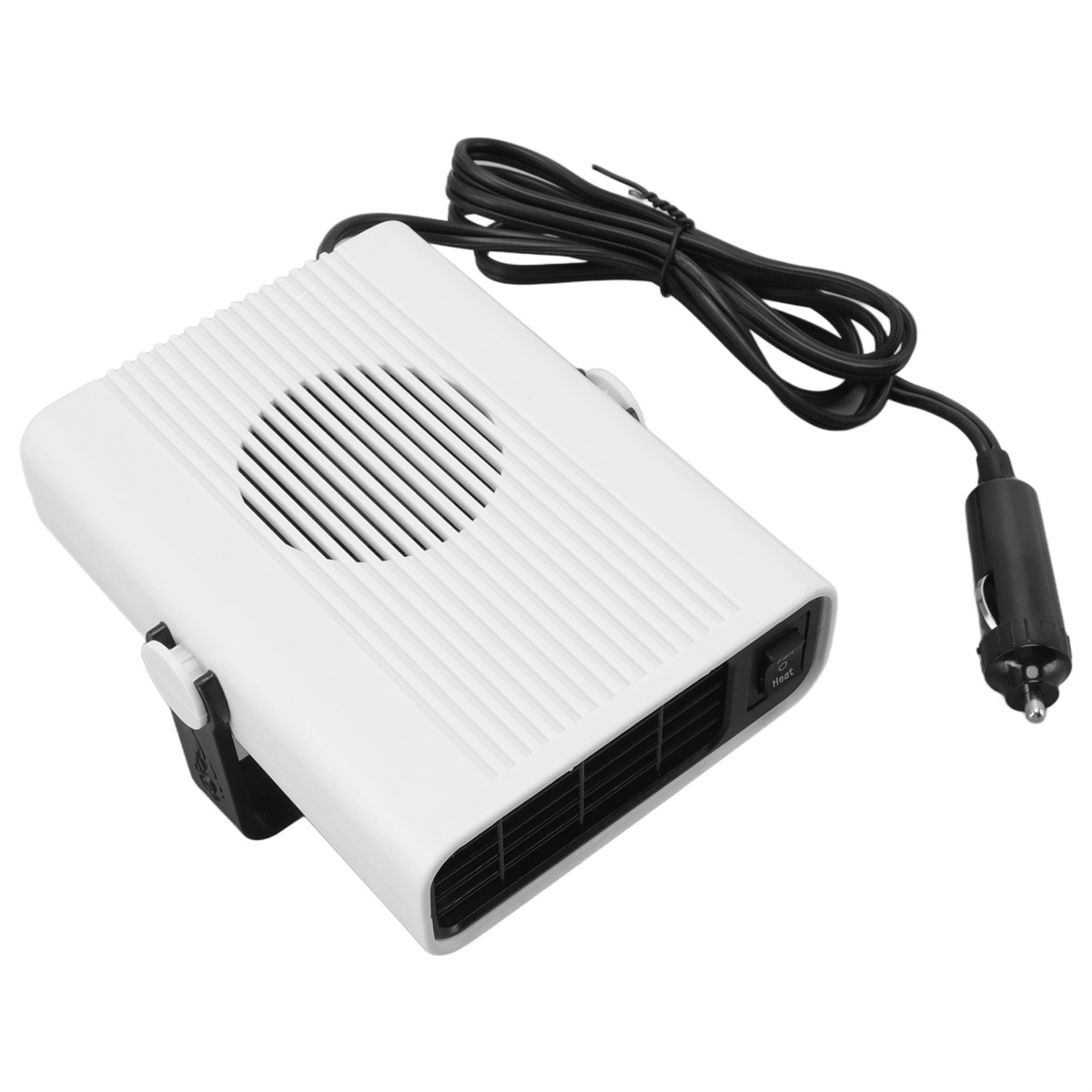 Weiße Autoheizung mit schwarzem Netzstecker und Kabel, schräge Ansicht.
