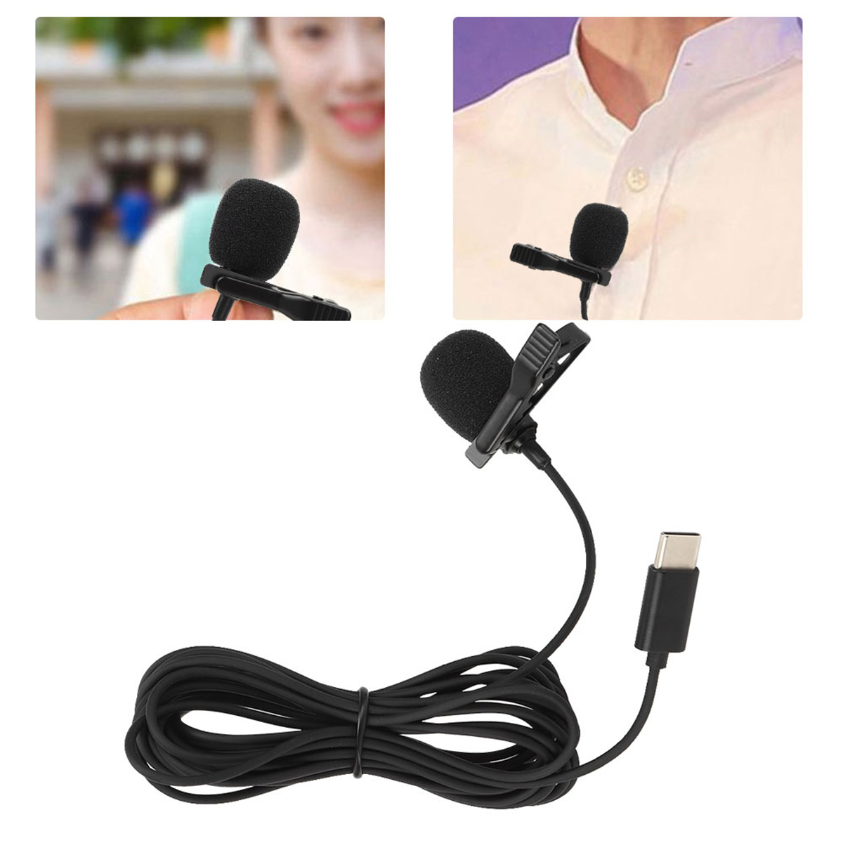 Nahaufnahme eines kleinen schwarzen Mikrofons mit Clip und USB-C-Anschluss.