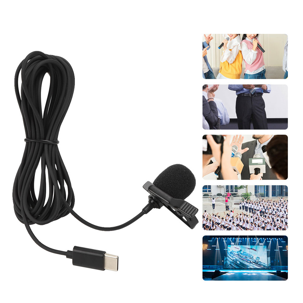 Ein schwarzes Mikrofon mit Clip und USB-C-Anschluss, mit Fotos von Menschen auf der Bühne und in Interviews.