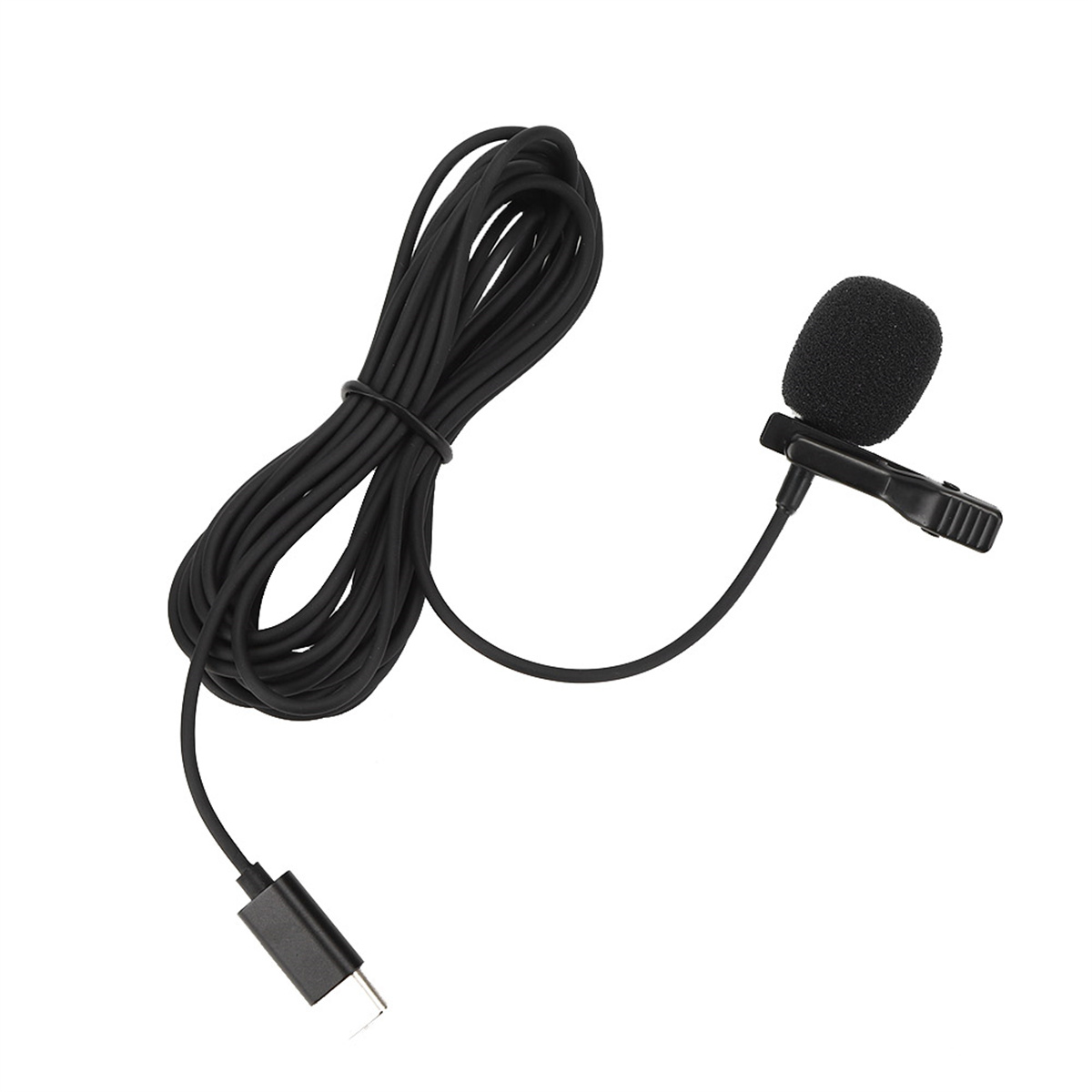 Ein schwarzes Mikrofon mit Clip, befestigt an einem langen schwarzen Kabel mit USB-Anschluss.