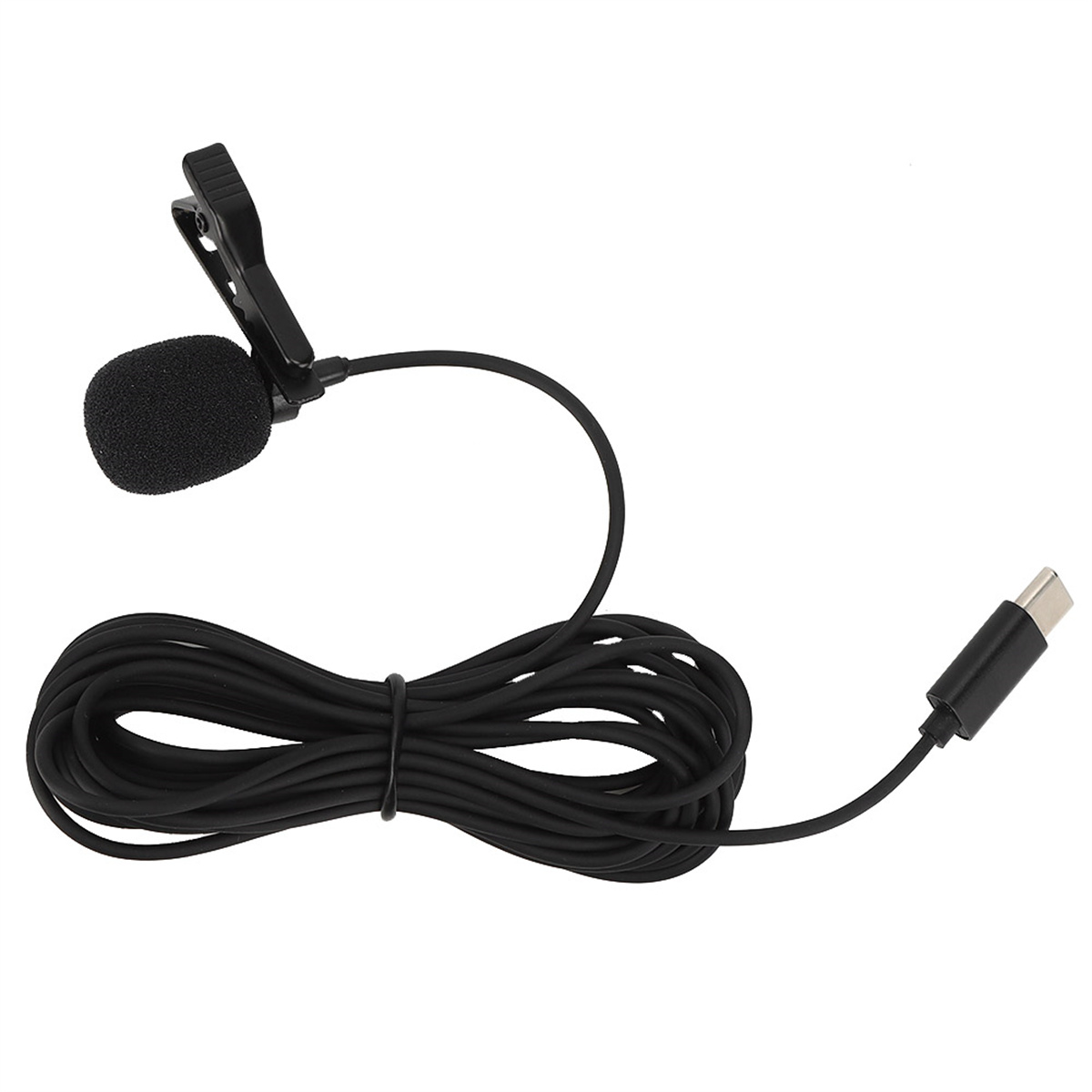 Schwarzes Mikrofon mit Clip und USB-C-Anschluss. Das Kabel ist schwarz und gewickelt.