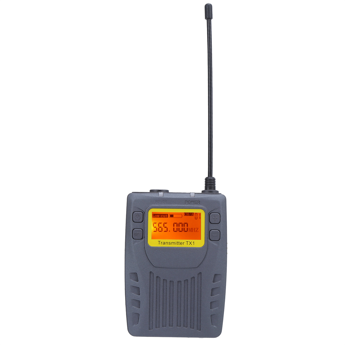 Grauer Audiosender mit Antenne, Knöpfen und Digitalanzeige mit Zahlen.