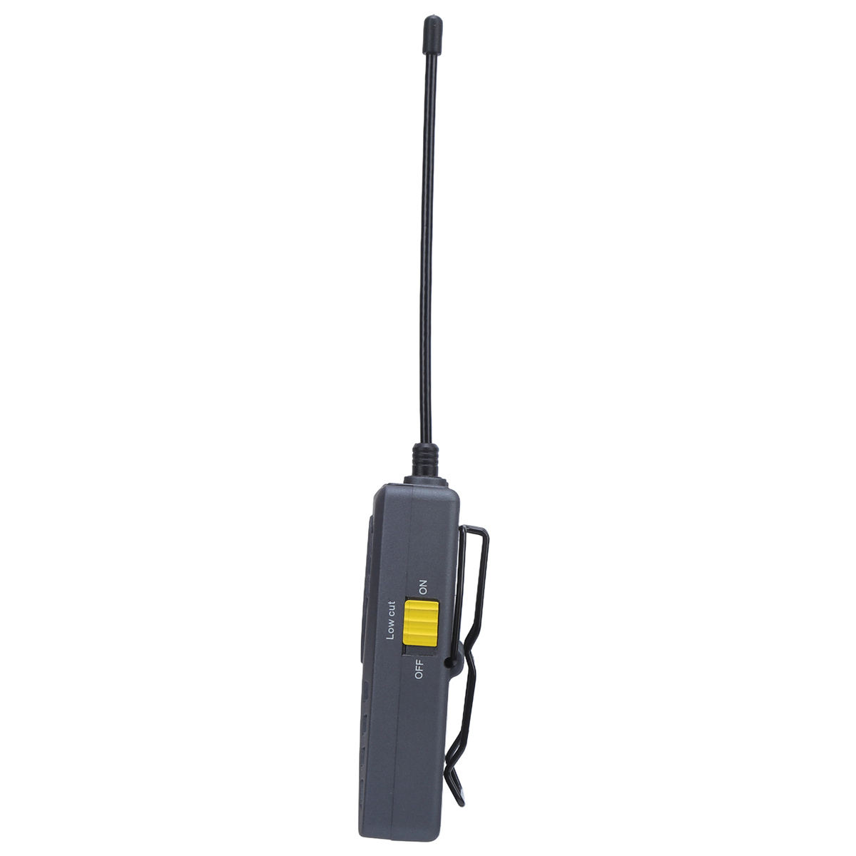 Schwarzer drahtloser Mikrofon-Sender mit Antenne und gelbem Schalter auf weißem Hintergrund.