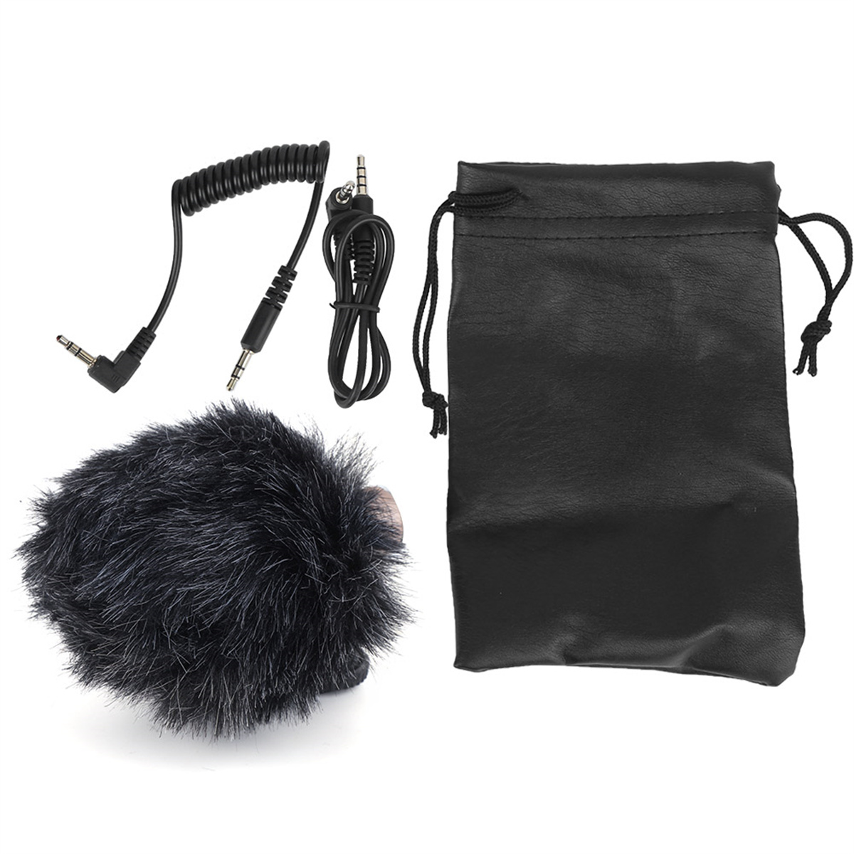 Mikrofon-Kit mit mehreren Kabeln und einem Beutel. Enthält einen pelzigen Windschutz. Weißer Hintergrund.