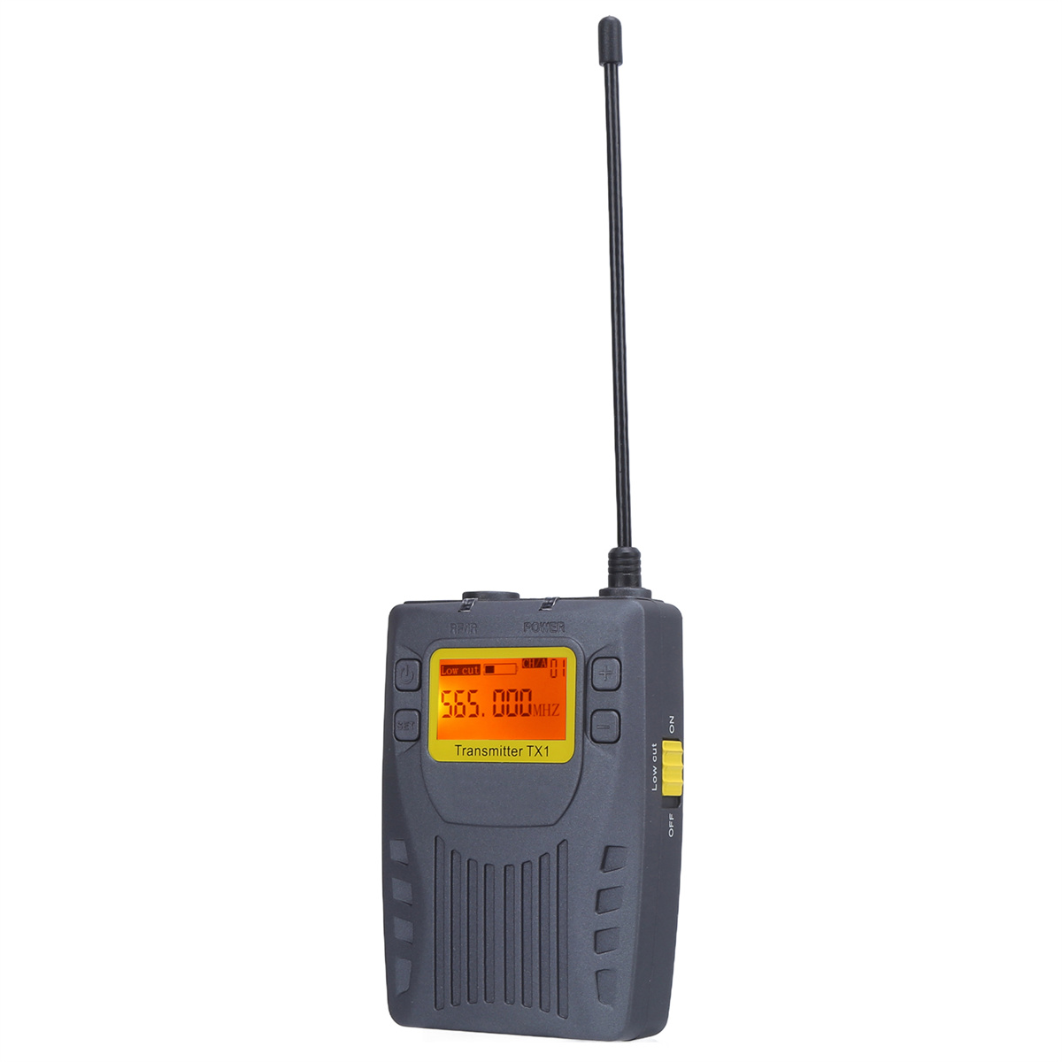 Grauer Sender mit Antenne, Bildschirm mit 565,000 MHz und Tasten.