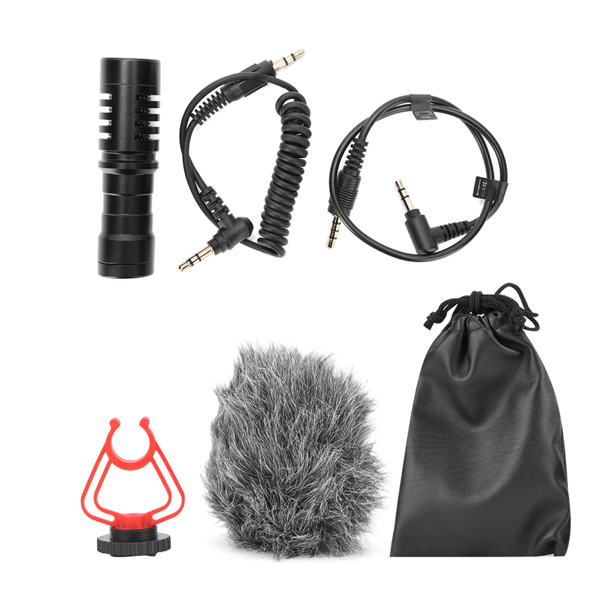 Schwarzes Mikrofon-Set mit Kabeln, Fellwindschutz, Halterung und Beutel.