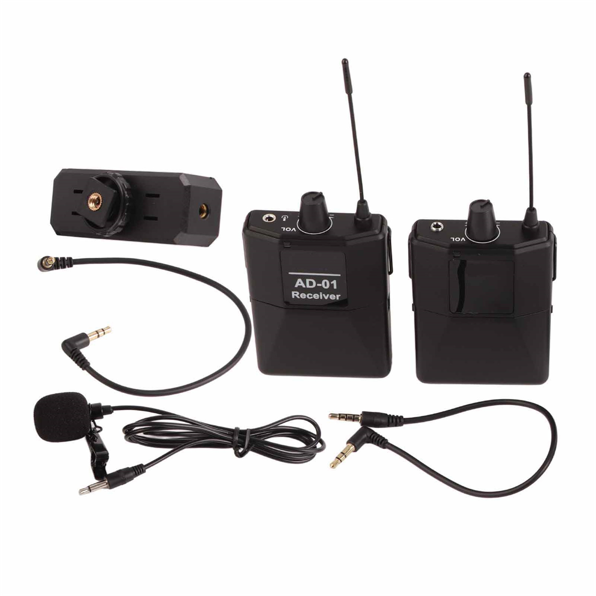 Set drahtloser Audioausrüstung. Enthält Empfänger, Mikrofon und verschiedene Anschlusskabel.