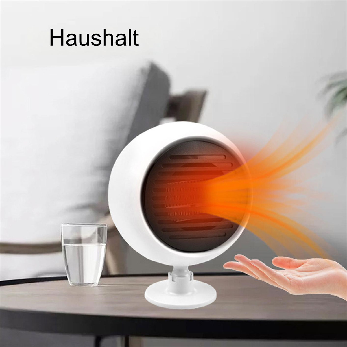 Eine weiße Heizung mit orangefarbener Wärmeabstrahlung, ein Glas Wasser und eine Hand, die darauf zeigt.