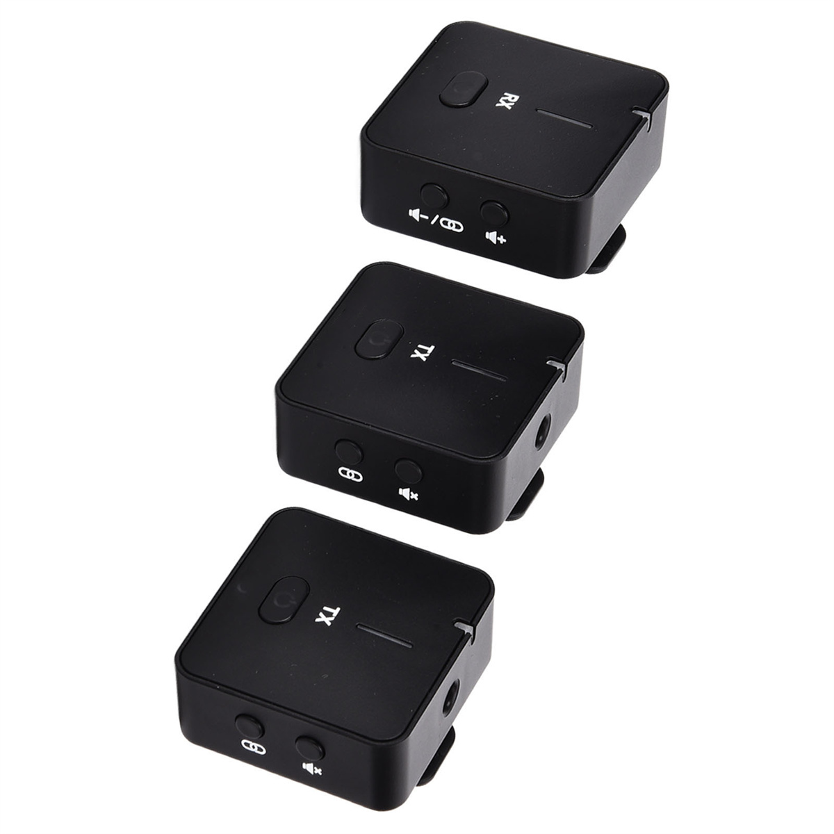 Drei schwarze drahtlose Audio-Sender und -Empfänger.