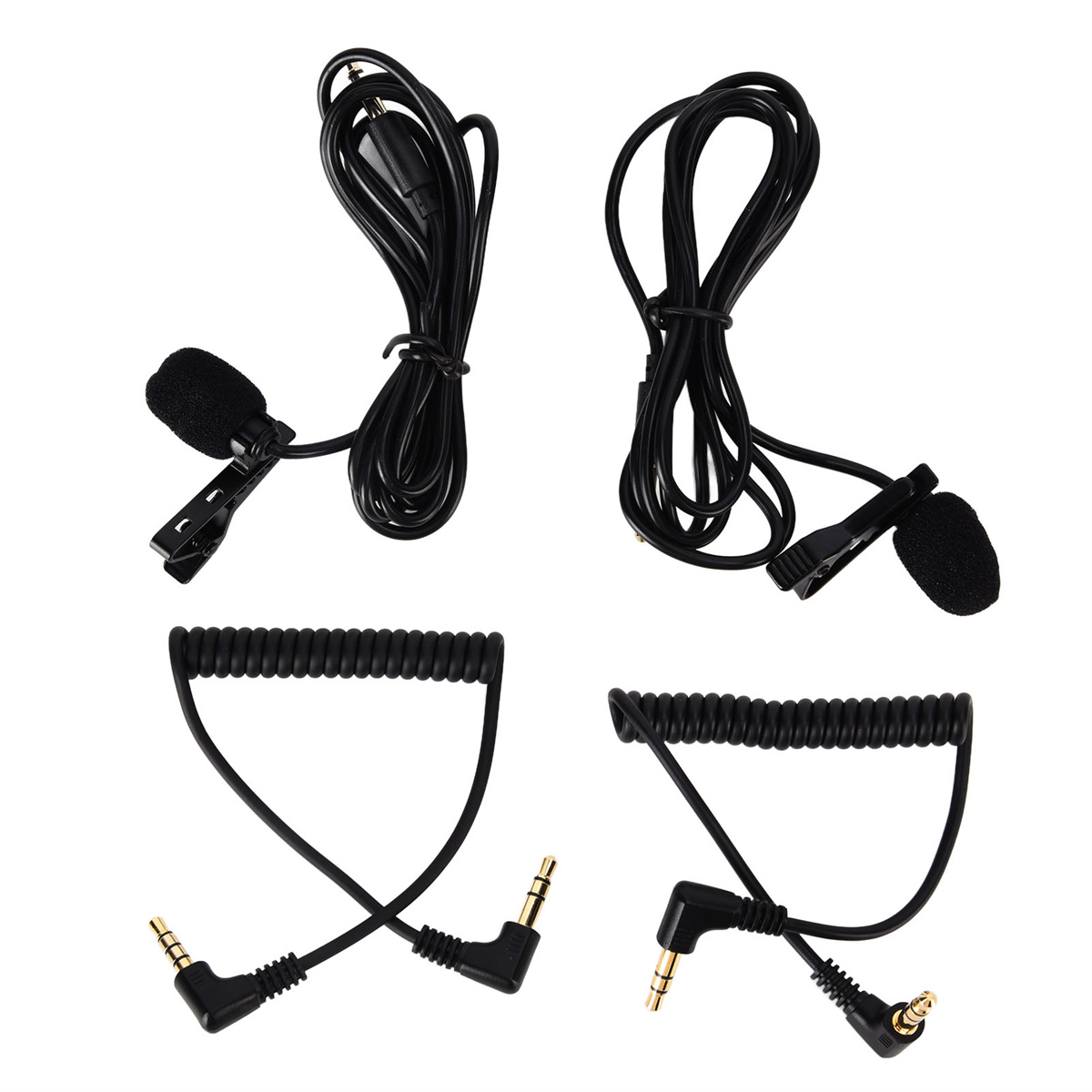 Zwei Paare schwarzer Reversmikrofone. Jedes Paar hat ein Mikro, Clip und 3,5-mm-Klinke.