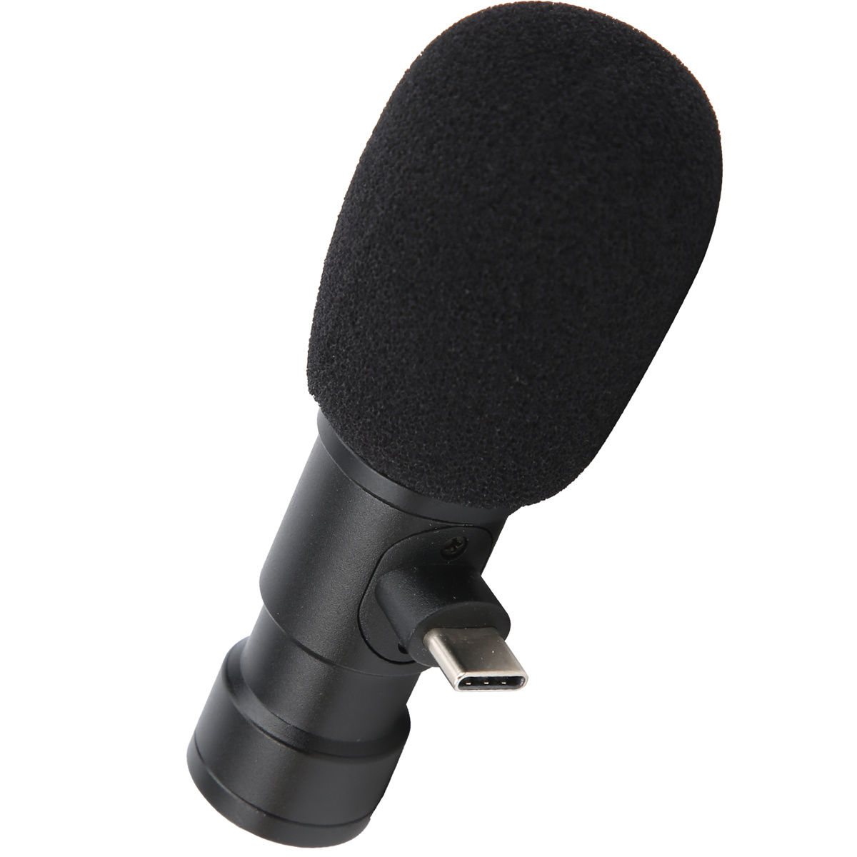 Schwarzes Mikrofon mit Schaumstoffabdeckung und USB-C-Anschluss. Das Mikrofon ist abgewinkelt.
