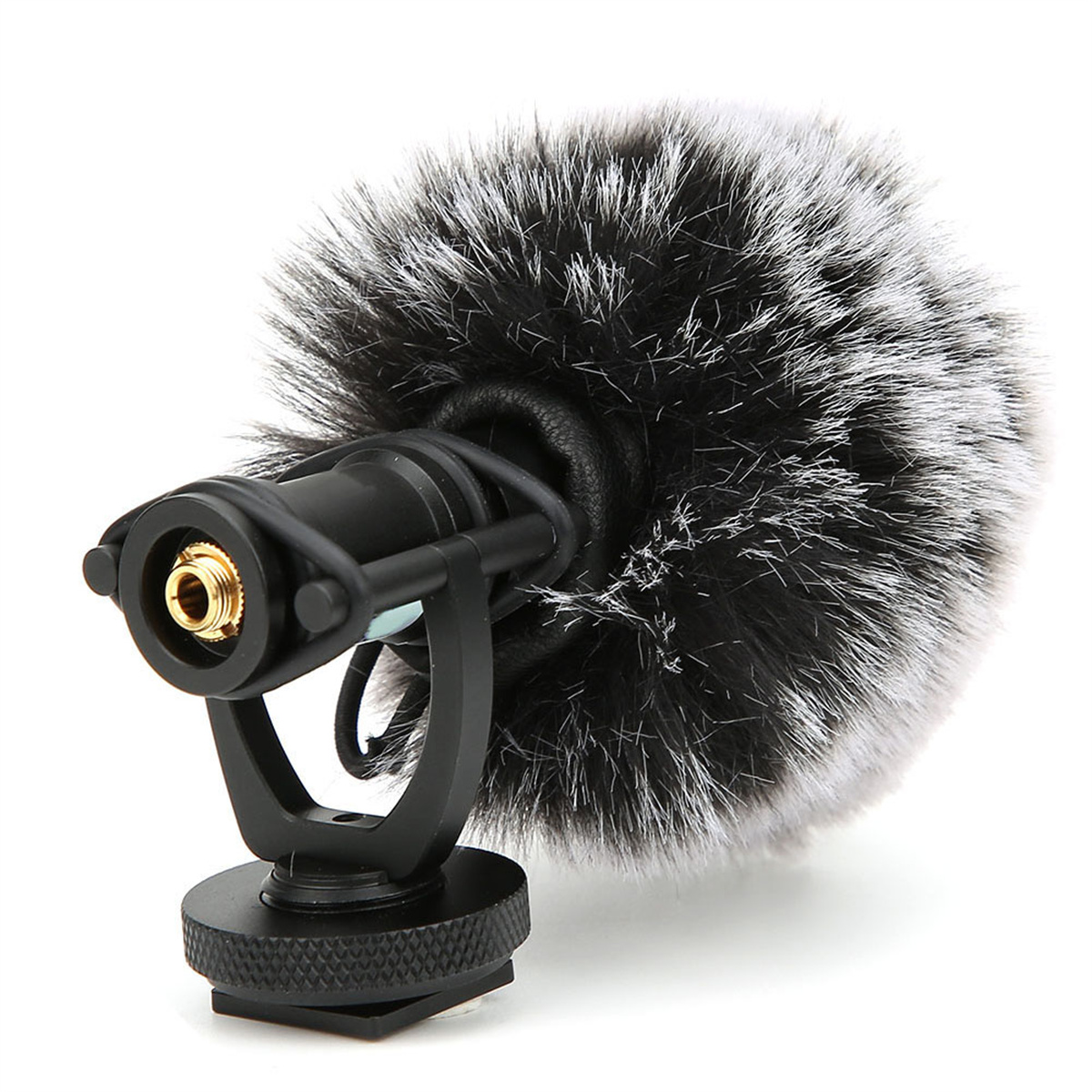 Ein schwarzes Mikrofon mit pelzigem Windschutz, montiert auf einem schwarzen Ständer mit Schraubboden, auf weißem Hintergrund.