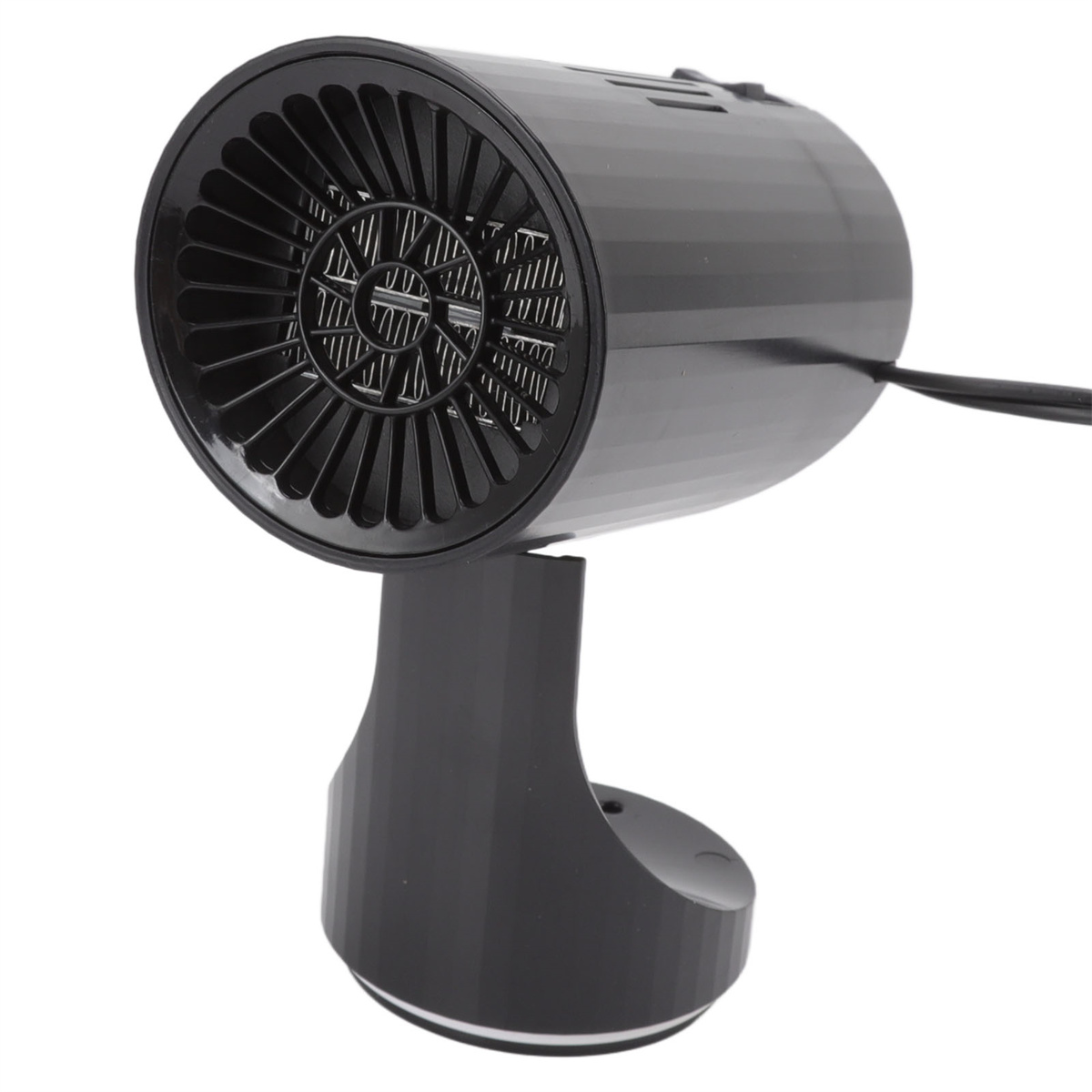 Ein schwarzer Ventilator mit rundem Kopf und kleinem Sockel. Er steht vor weißem Hintergrund.