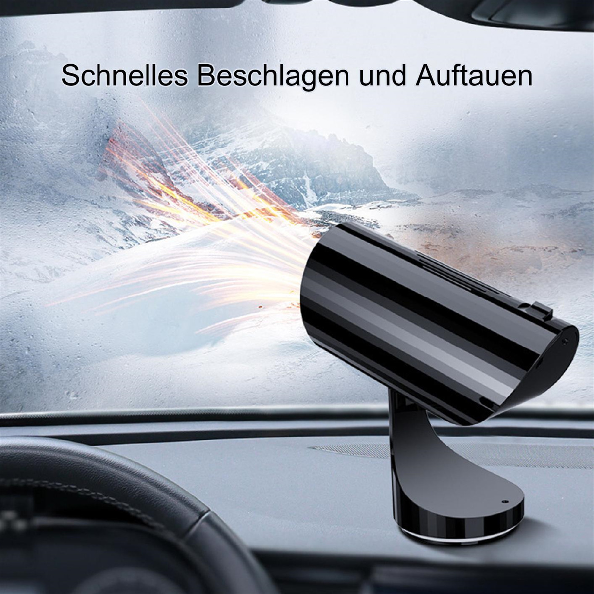 Ein schwarzer Auto-Enteiser auf einem Armaturenbrett mit schneebedecktem Berg-Hintergrund.