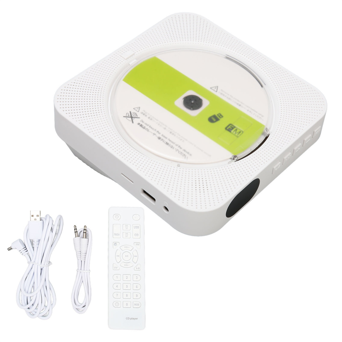 Weißer CD-Player mit CD, Kabeln und Fernbedienung. Das Gerät hat ein Rasterdesign.