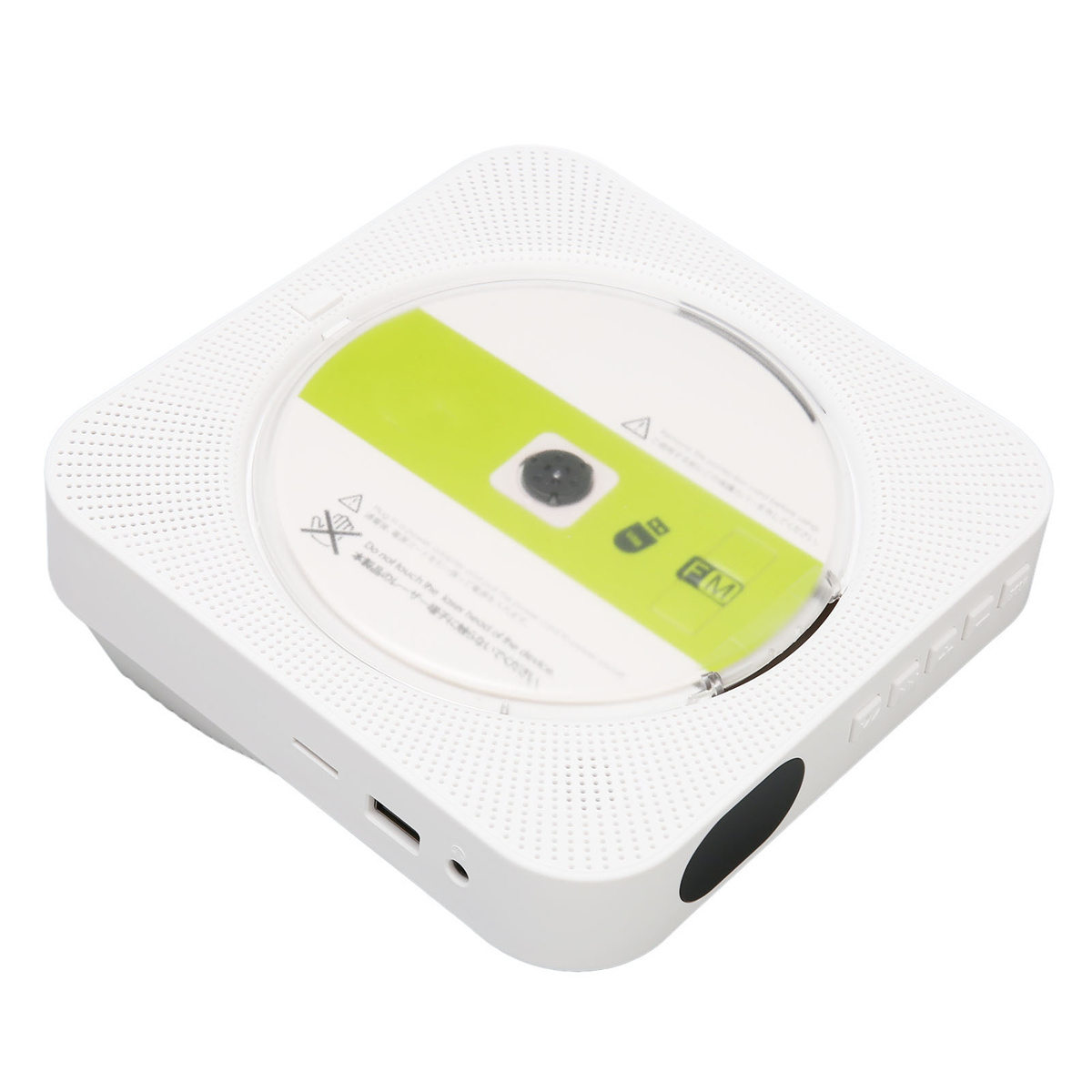 Weißer tragbarer CD-Player mit CD, Knöpfen und Anschluss auf weißer Oberfläche.