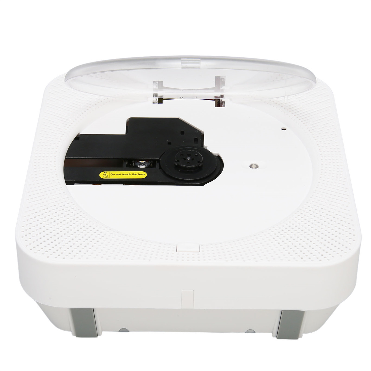 Weißer, offener, tragbarer CD-Player. Schwarzes Fach mit gelbem Warnhinweis.