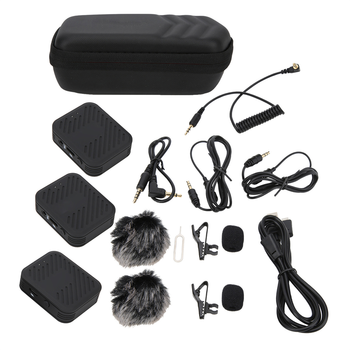 Ein Set drahtloser Mikrofone und Zubehör, einschließlich mehrerer Sender und einer Tragetasche.