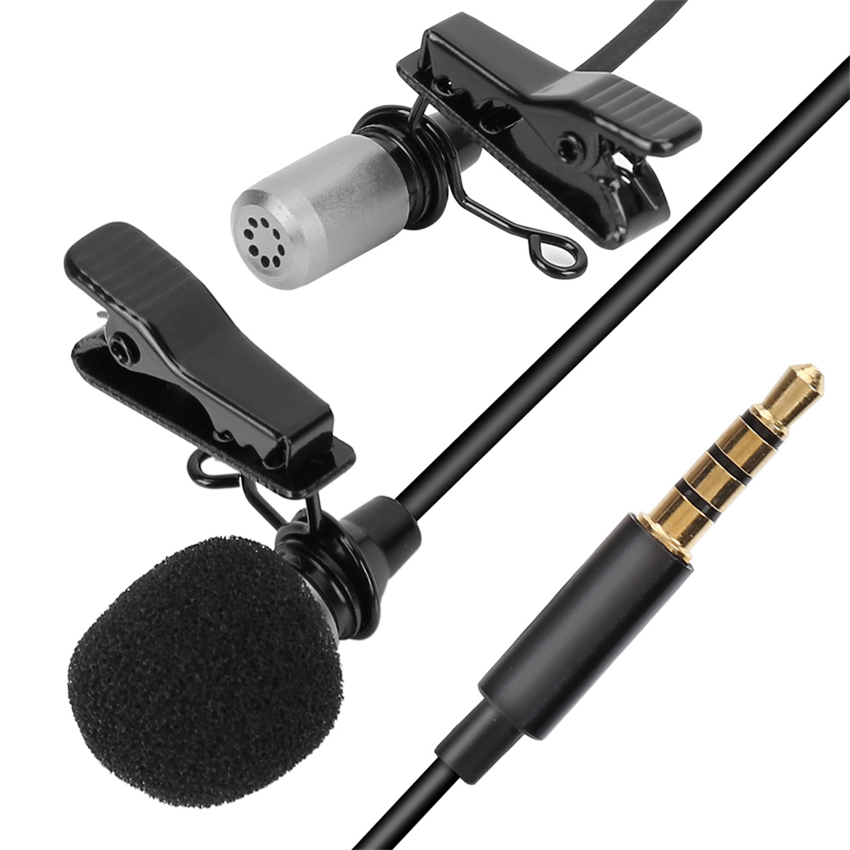 Nahaufnahme eines Mikrofon-Sets mit Clips und einem Kabel mit Klinke.