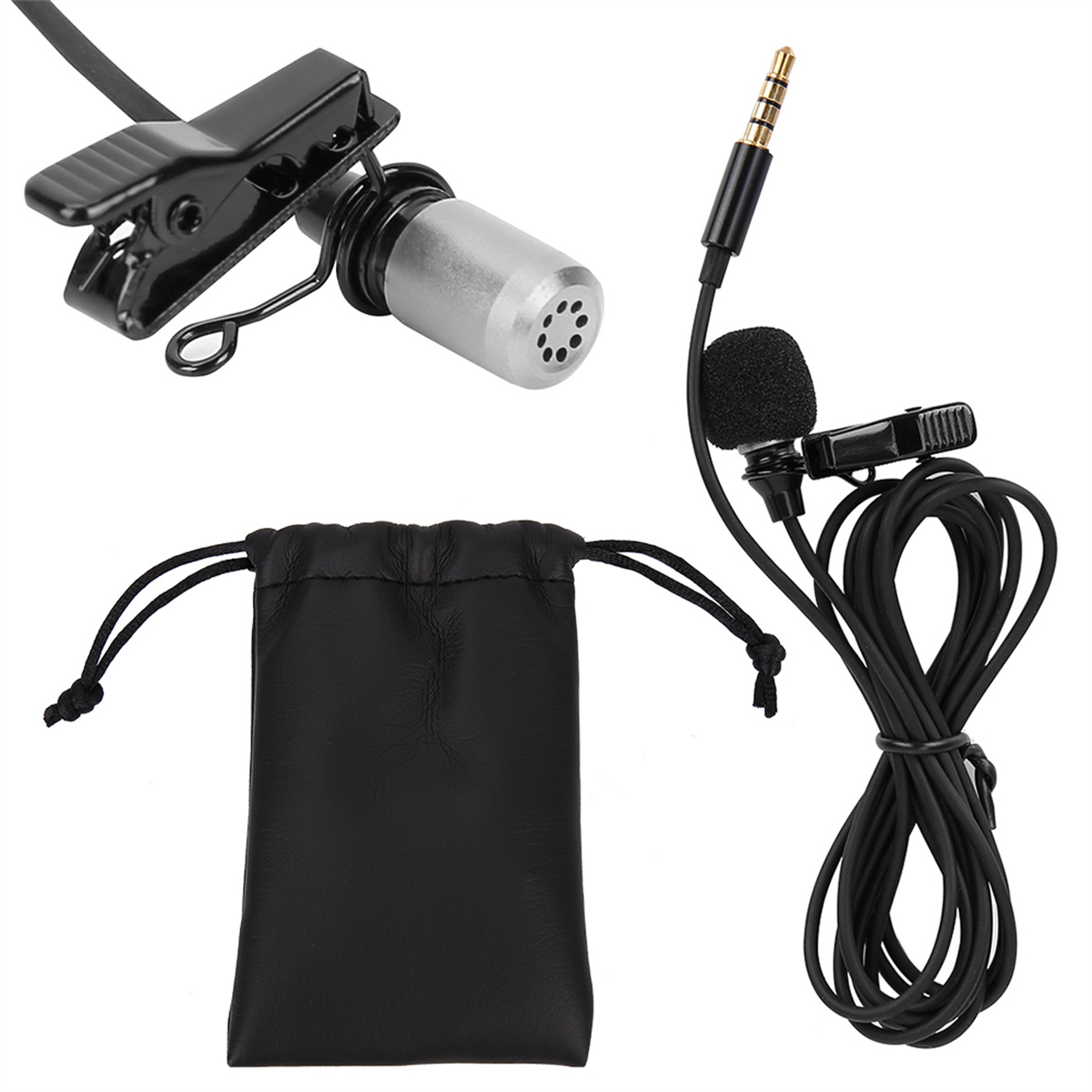Mikrofon-Setup, schwarze Tasche, Ansteckmikrofon und 3,5-mm-Klinke.