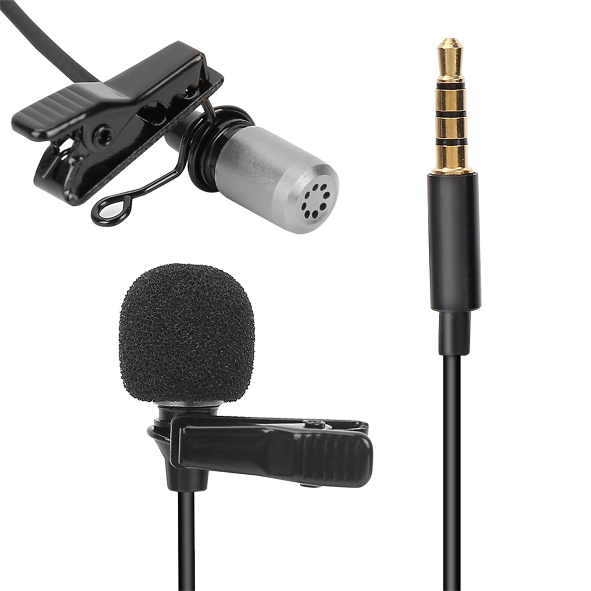 Zwei Lavalier-Mikrofone mit Clips, eines mit Schaumstoffabdeckung, und ein 3,5-mm-Klinkenstecker.
