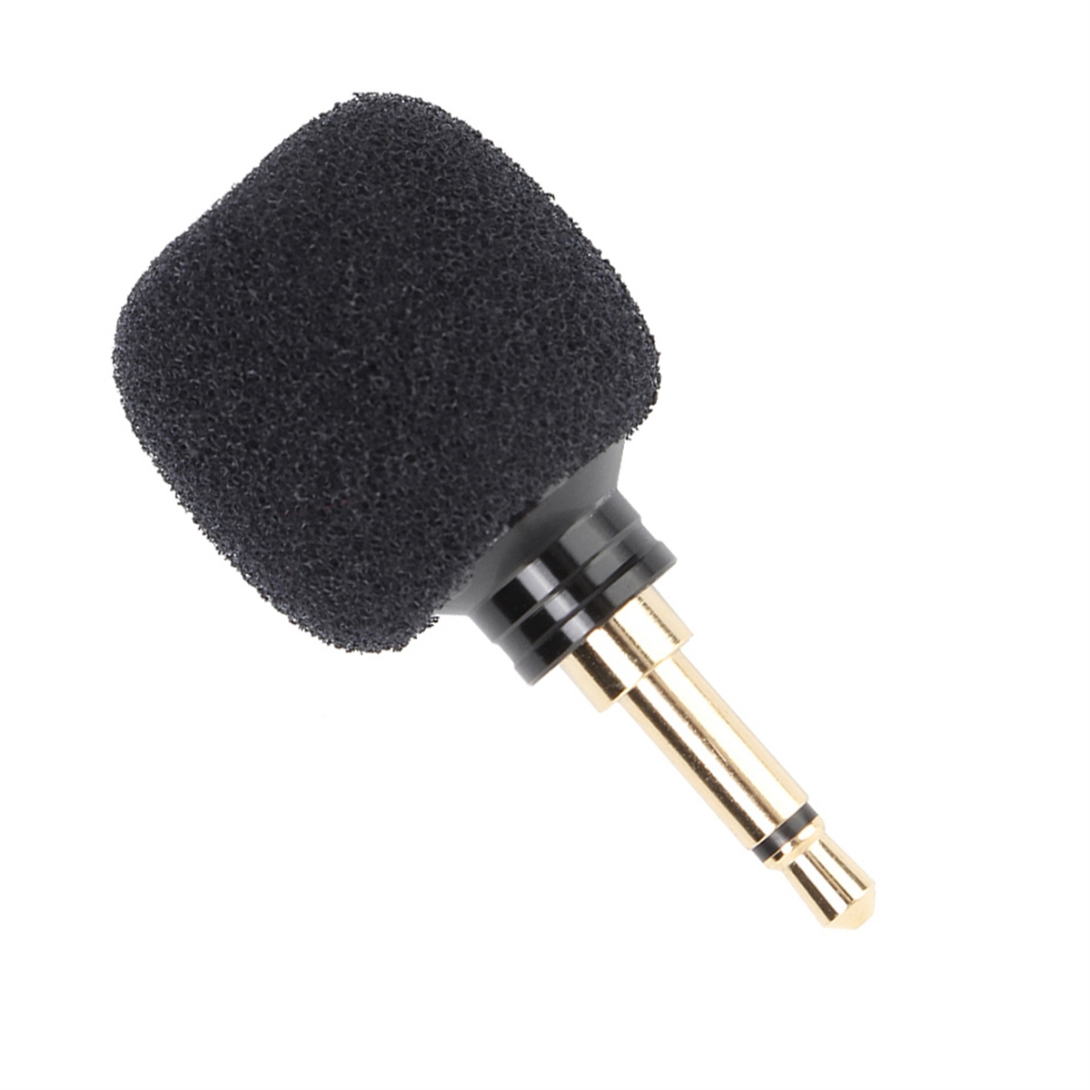 Kleines schwarzes Mikrofon mit goldfarbenem Stecker.