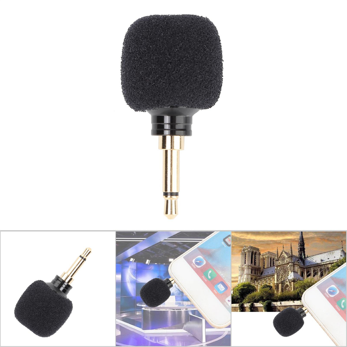 Ein kleines Mikrofon mit Schaumstoffabdeckung. Außerdem ein Telefon, der Eiffelturm und ein Nachrichtenstudio.
