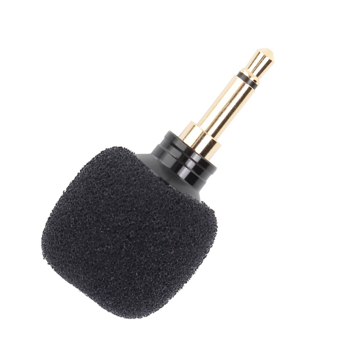 Ein kleines Mikrofon mit Schaumstoffabdeckung und einem goldfarbenen Stecker.