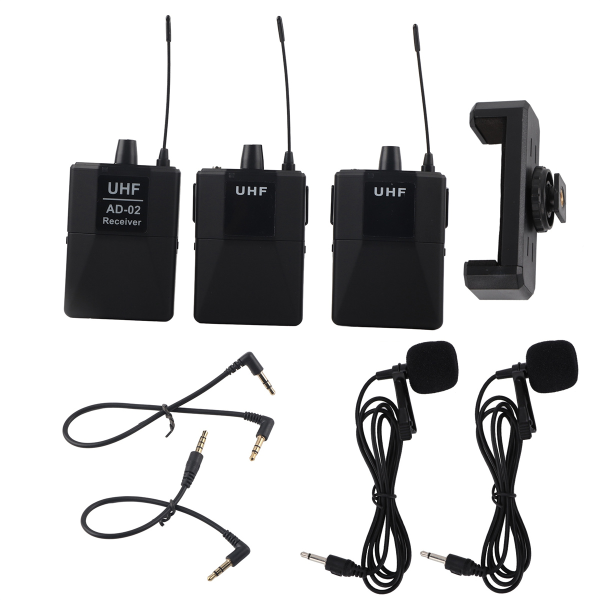 Schwarze UHF-Mikrofone und -Empfänger. Enthält drei Empfänger, zwei Mikrofone mit Kabeln und eine Telefonhalterung.