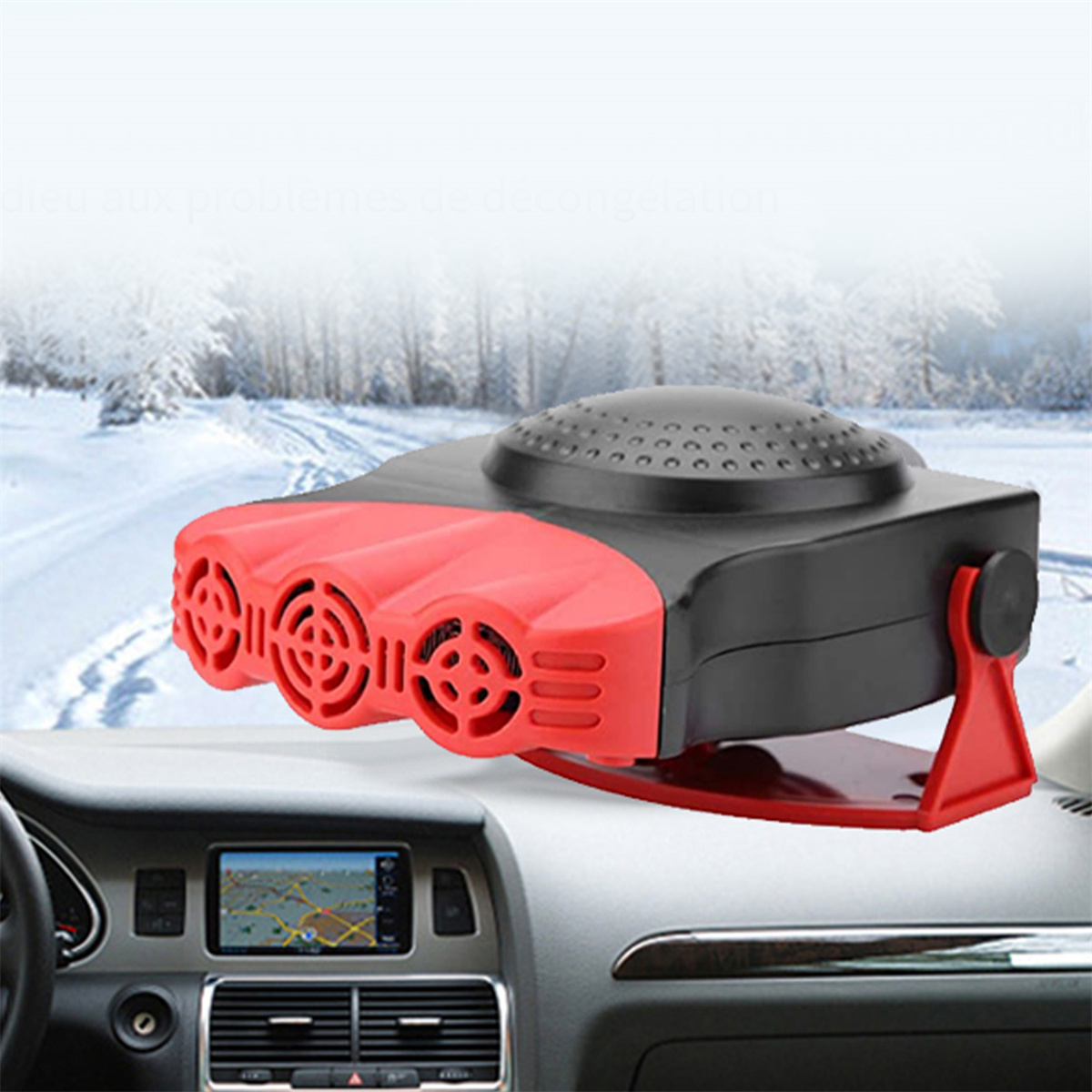 Autoinnenraum mit roter und schwarzer Heizung, Schneelandschaft im Hintergrund.