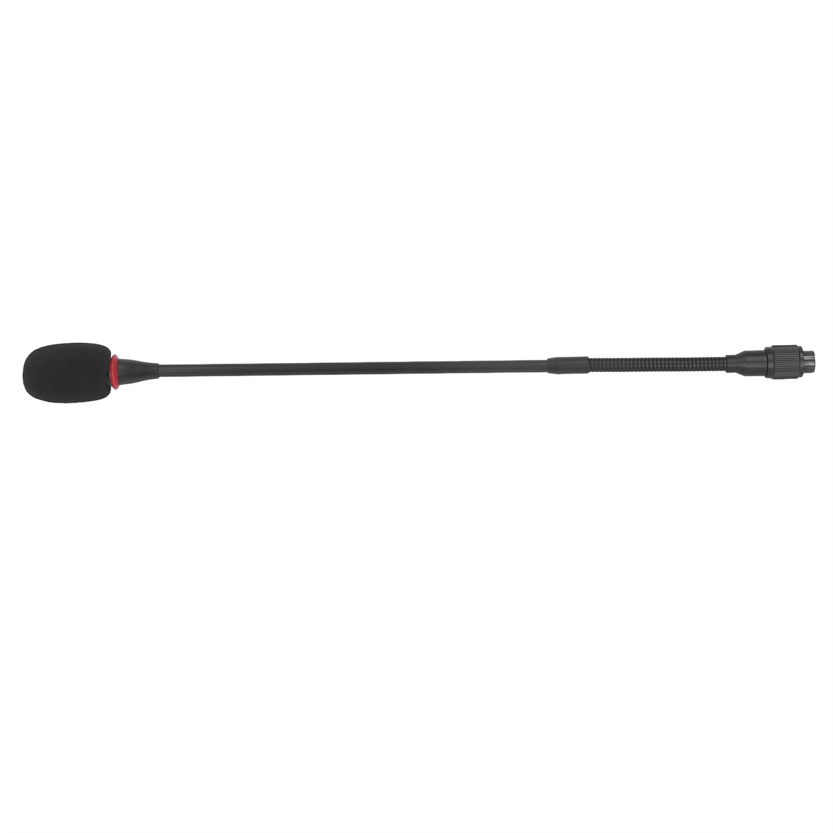 Ein langes Mikrofon mit schwarzem Windschutz und Metallende.