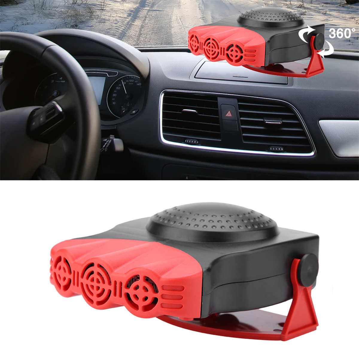 Eine rot-schwarze Autoheizung mit 360-Grad-verstellbarem Sockel, auf einem Armaturenbrett.