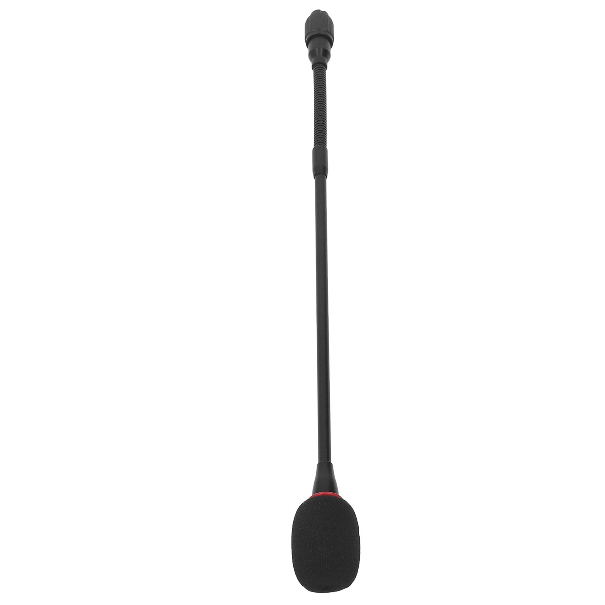Ein schwarzes Mikrofon mit flexiblem Hals. Das Mikrofon ist vor weißem Hintergrund.