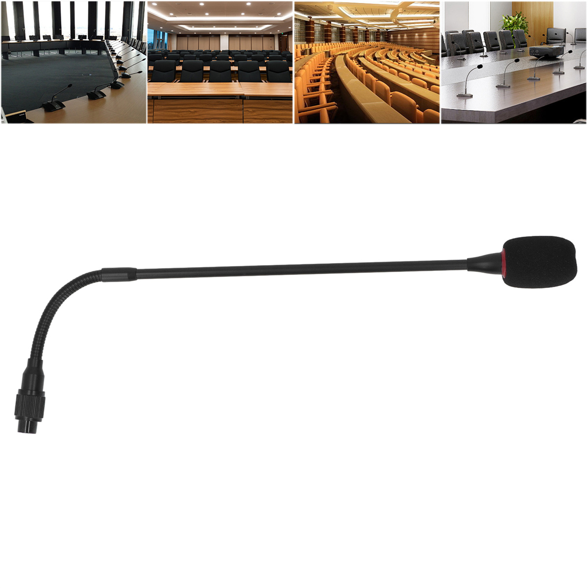 Ein schwarzes Mikrofon mit flexiblem Hals. Es befindet sich vor Bildern von Konferenzräumen.