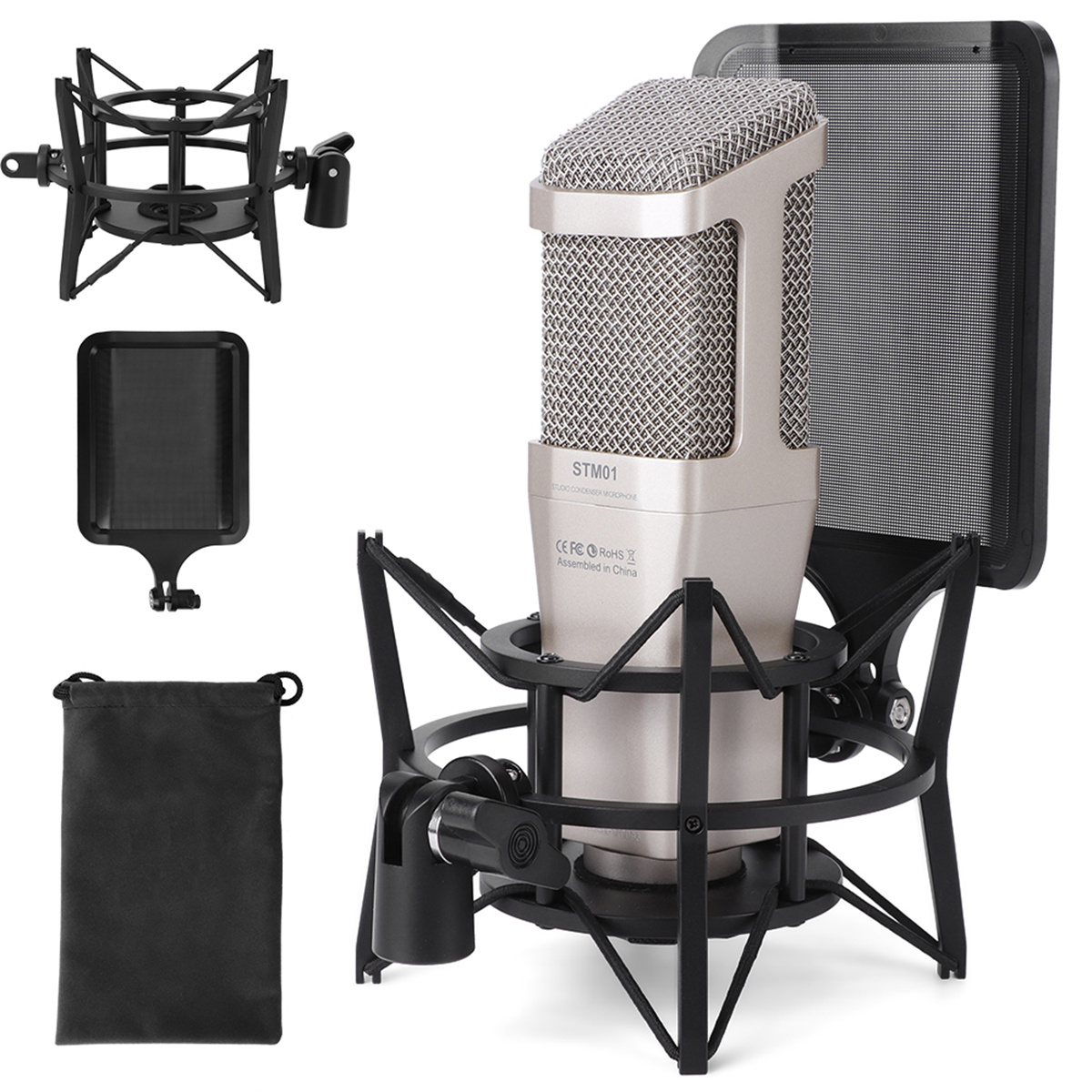 Professionelles Mikrofon mit Pop-Filter, Stoßdämpfer und Zubehör, alles in einem schwarzen Paket.