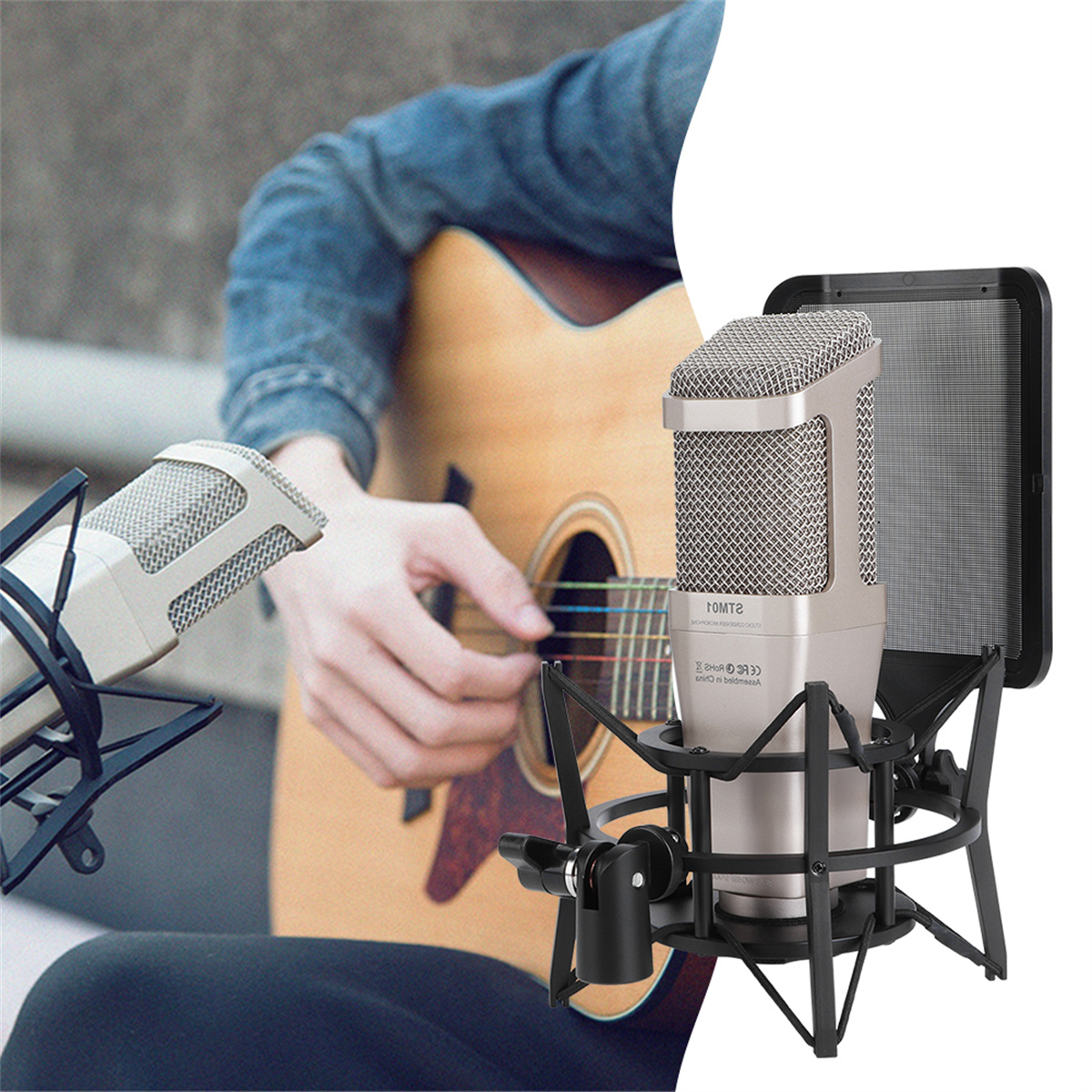 Ein Mikrofon mit Pop-Filter vor einem Mann, der Akustikgitarre spielt.