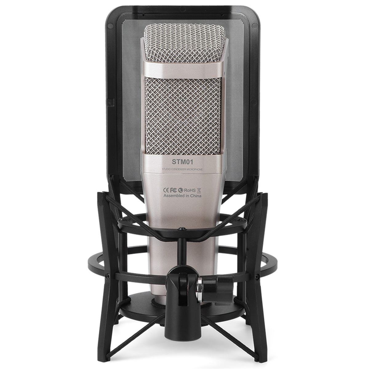 Ein silbernes Kondensatormikrofon mit schwarzem Pop-Filter und Ständer vor weißem Hintergrund.