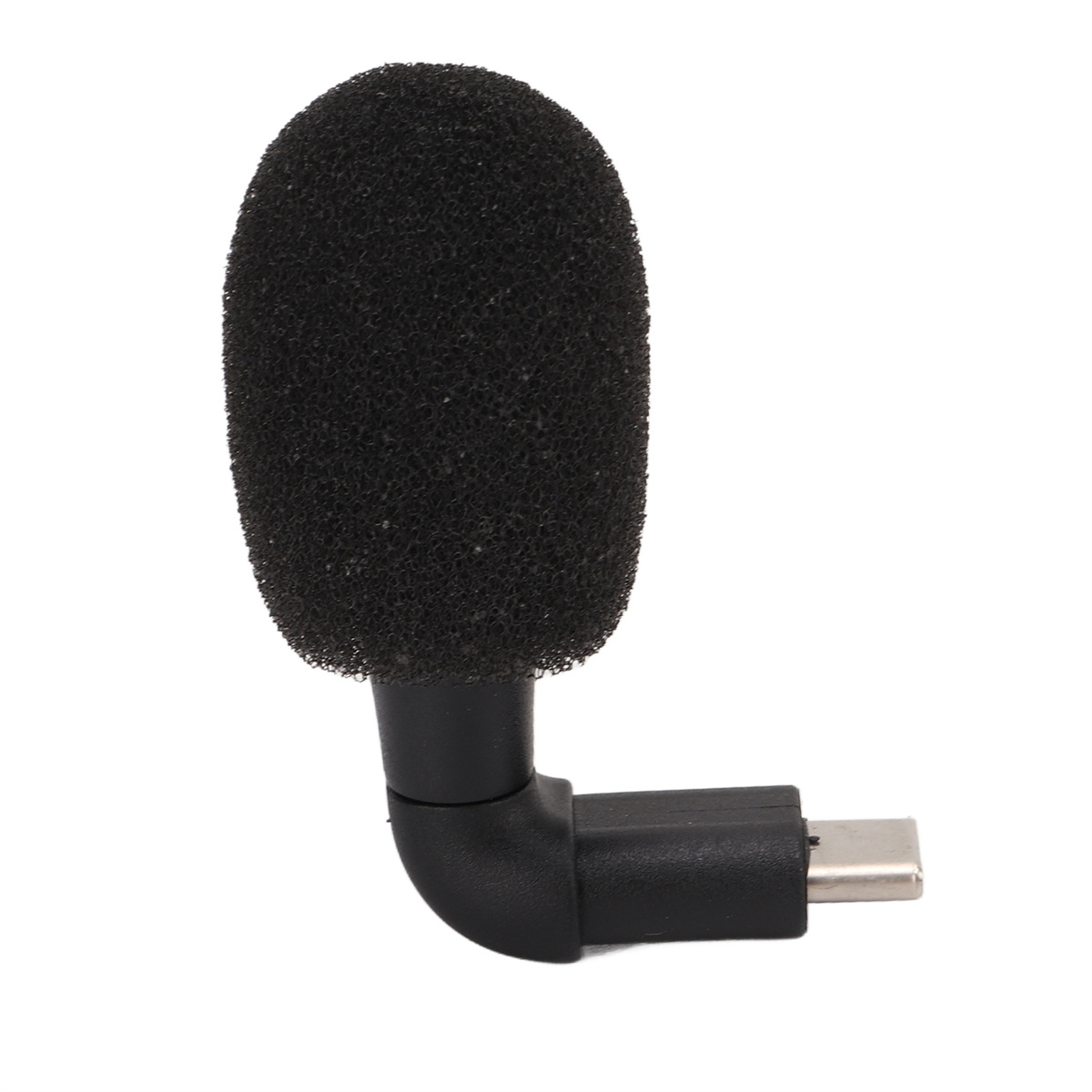 Ein kleines schwarzes Mikrofon mit Schaumstoffhülle und USB-C-Anschluss. Es ist auf weißem Hintergrund.