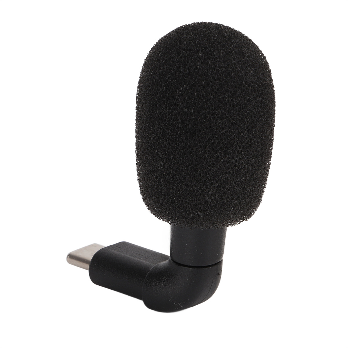 Kleines schwarzes Mikrofon. USB-C-Anschluss. Weißer Hintergrund.