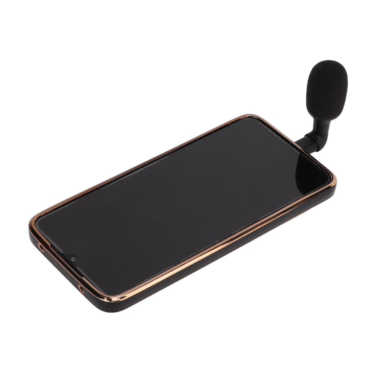Schwarzes Telefon mit Mikrofon. Das Telefon hat einen goldenen Rand.