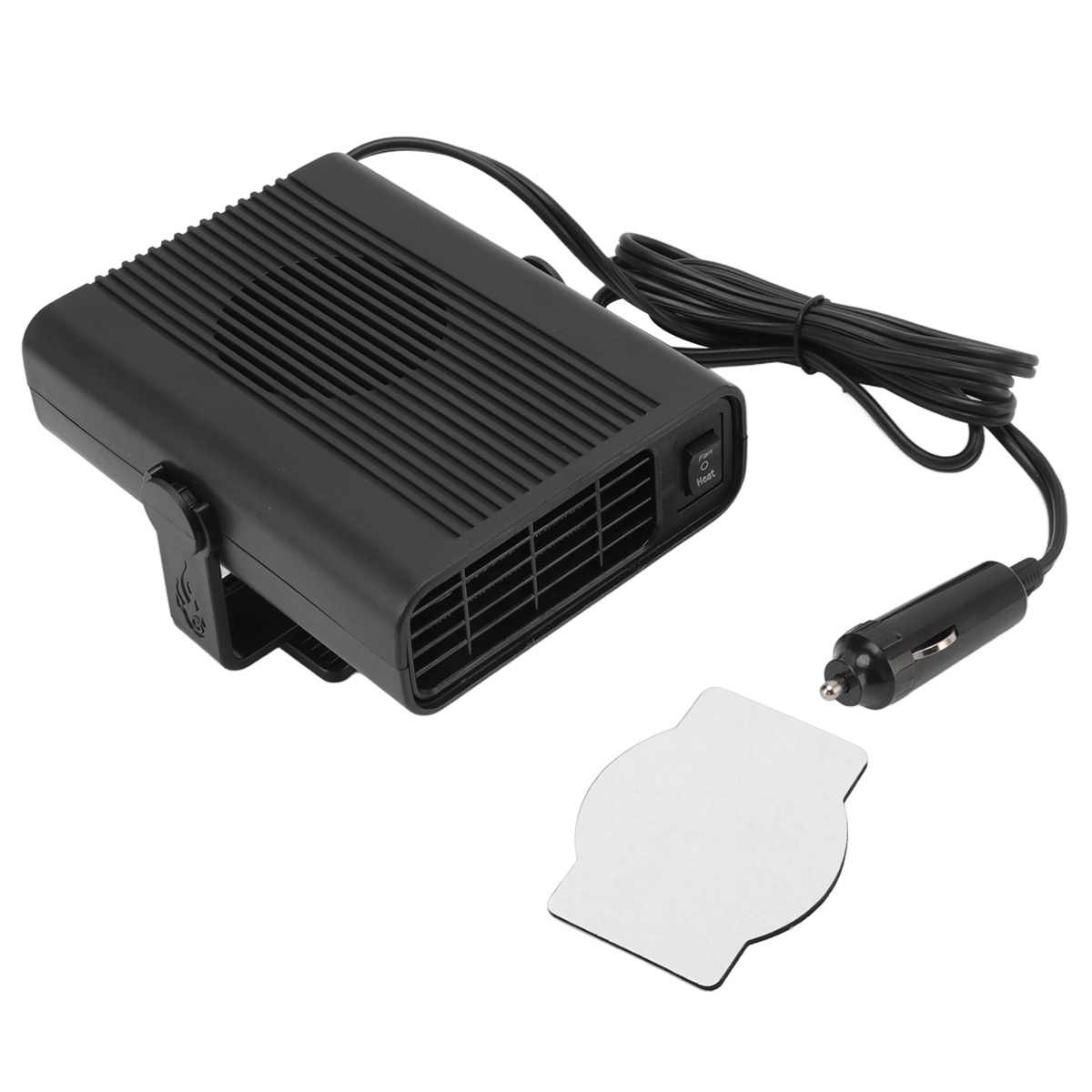 Eine schwarze Autoheizung mit Stecker und Aufkleber auf weißem Hintergrund. Die Heizung hat einen 'Heat'-Schalter.