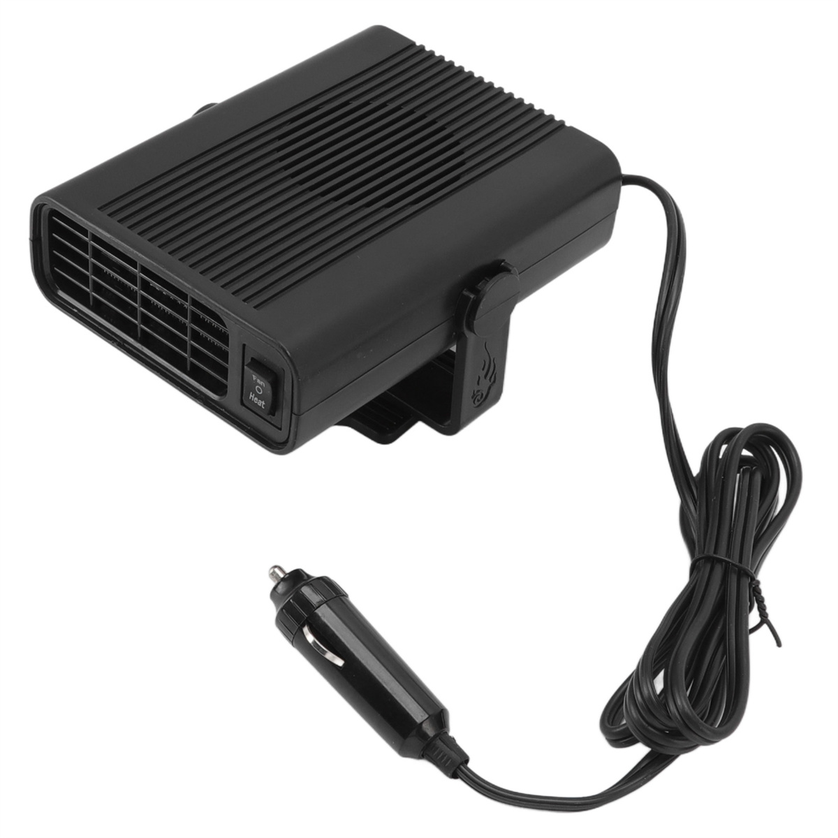 Schwarze Autoheizung mit Netzkabel und Zigarettenanzünderadapter.