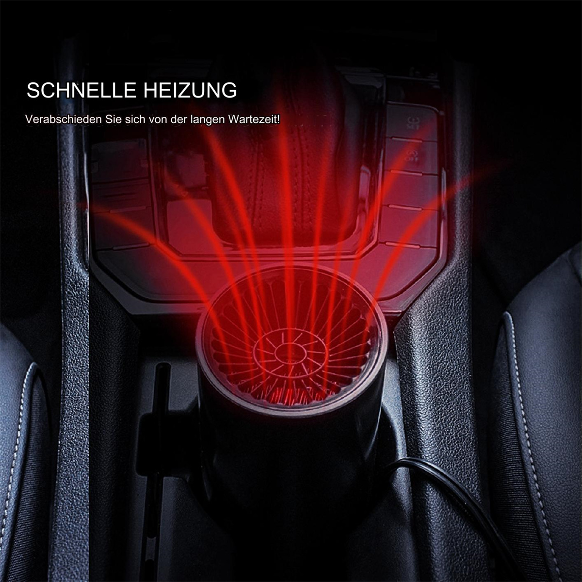 Eine schwarze Autoheizung mit rotem Licht. Der Text lautet 'SCHNELLE HEIZUNG' und 'schnelle Wärme'.