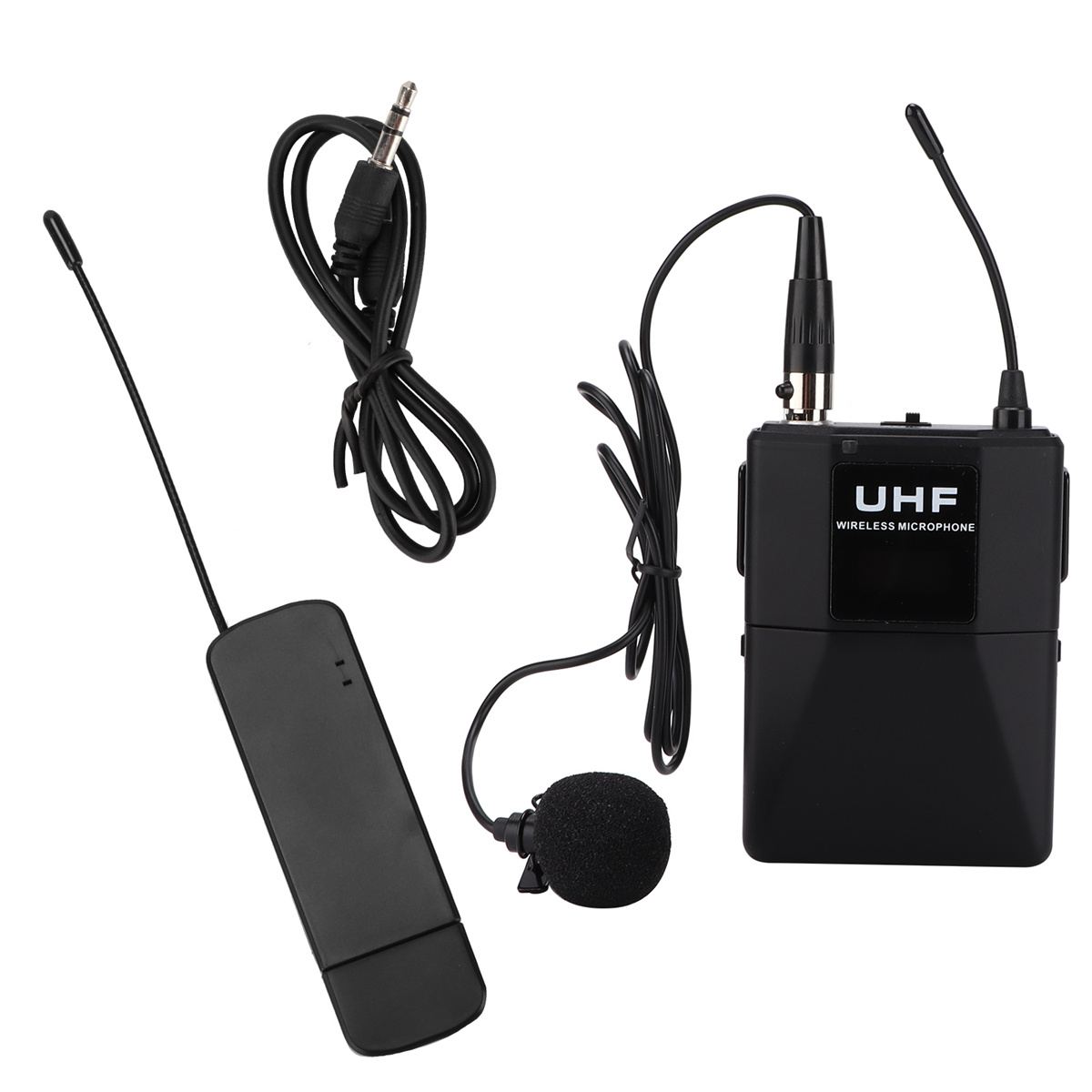 Drahtloses Mikrofonsystem mit Empfänger, Sender, Lavalier-Mikrofon und Kabel.
