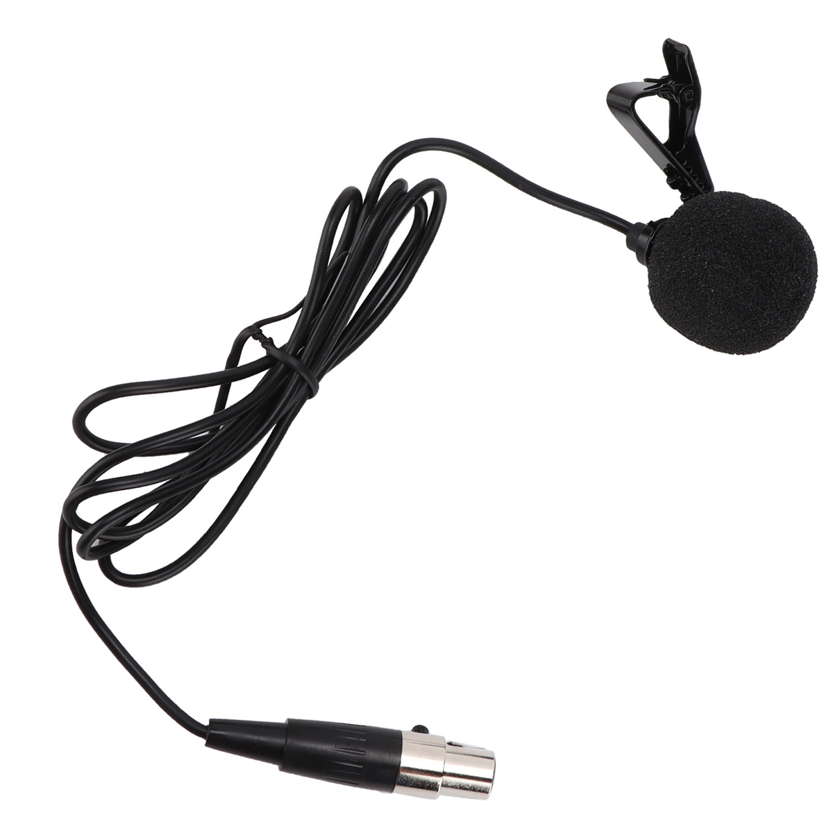 Ein schwarzes Lavalier-Mikrofon mit einem langen schwarzen Kabel.