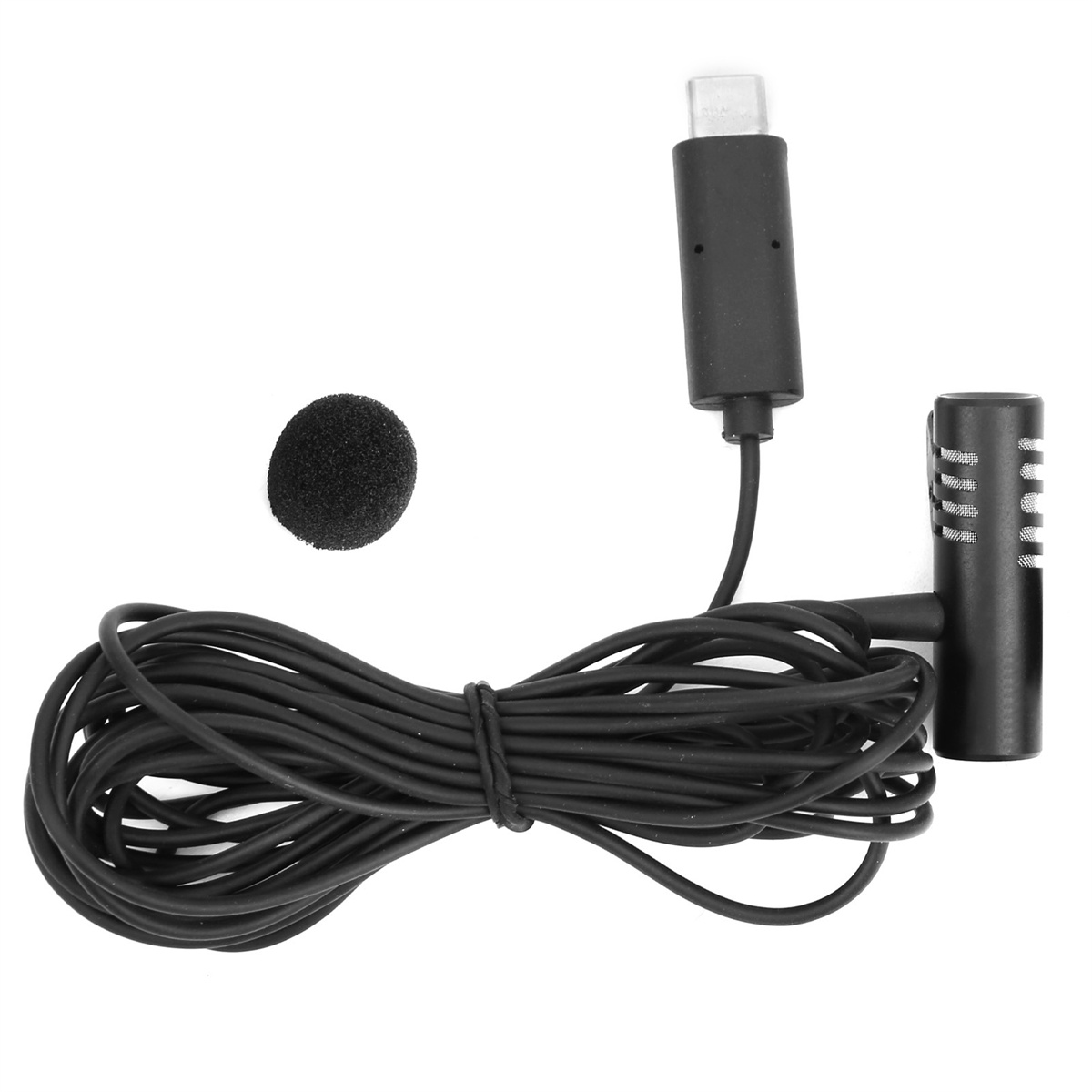 Ein schwarzes USB-Mikrofon mit Schaumstoffabdeckung und angeschlossenem Kabel.