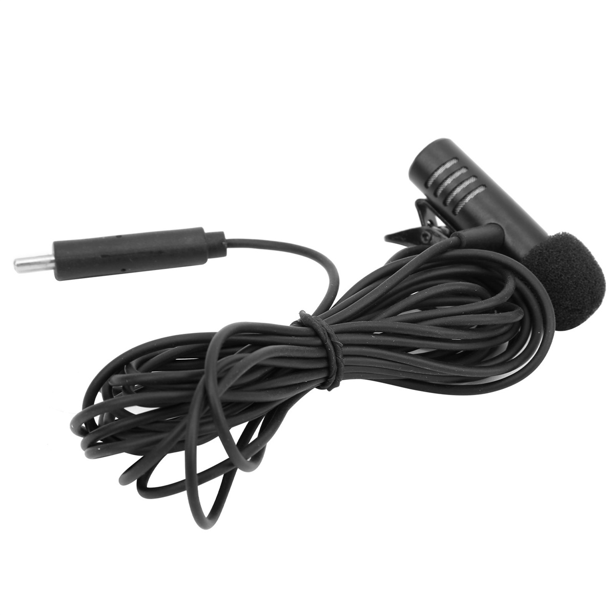 Ein schwarzes Mikrofon mit Kabel. Das Mikrofon ist an einem Clip befestigt.