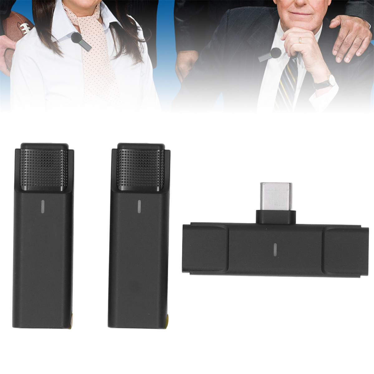 Drei schwarze Mikrofone. Eine Person trägt eines, und es gibt einen USB-C-Dongle.