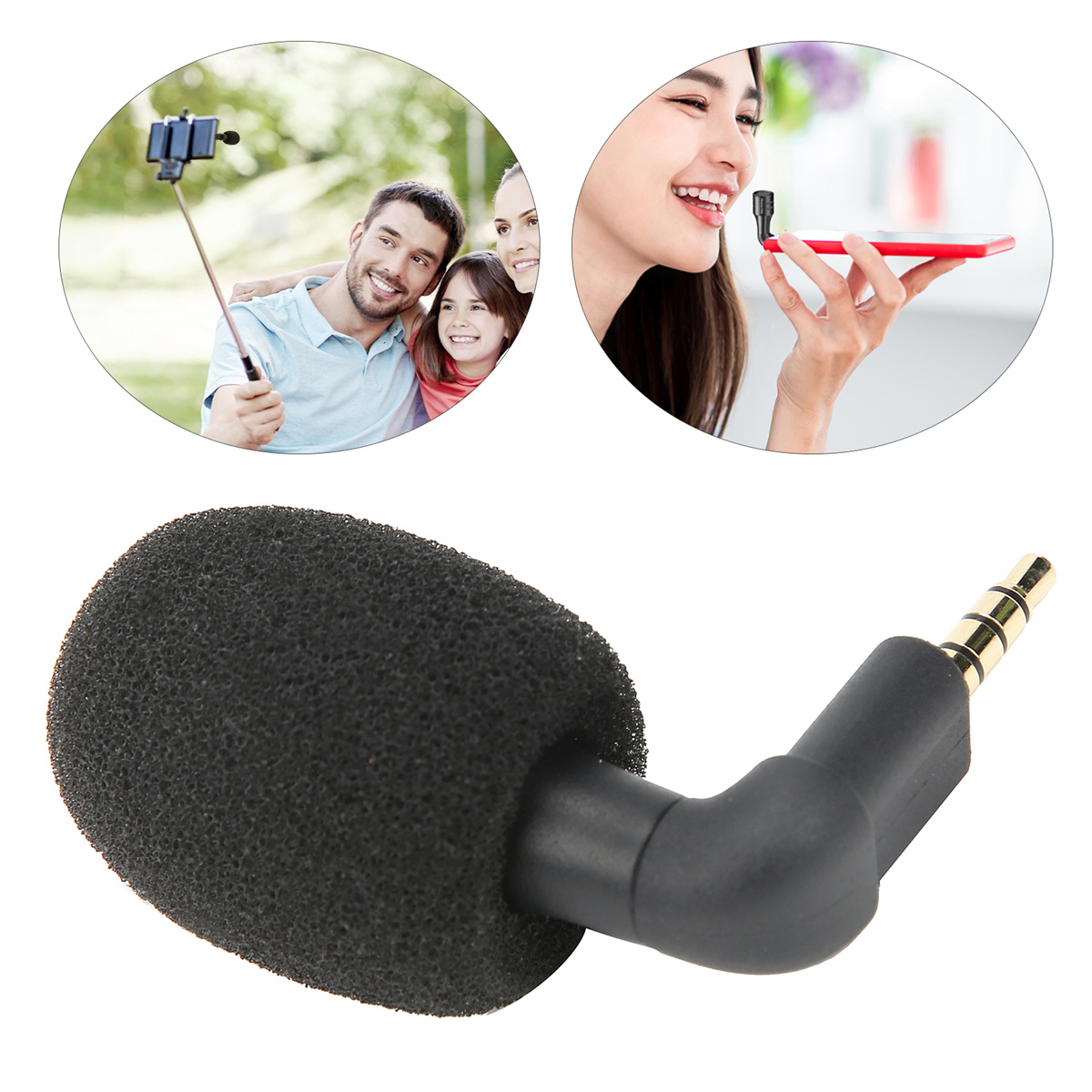 Ein Mikrofon an einem Smartphone, mit lächelnden Menschen im Hintergrund. Ein Selfie-Stick wird ebenfalls verwendet.